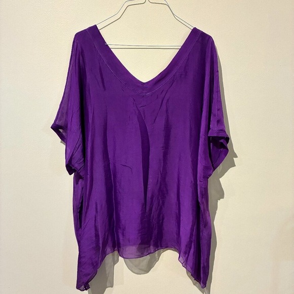 Sofia Made in Italy Purple Silk V-Neck Handkerchief Hem Oversized Blouse Top - Picture 2 of 9